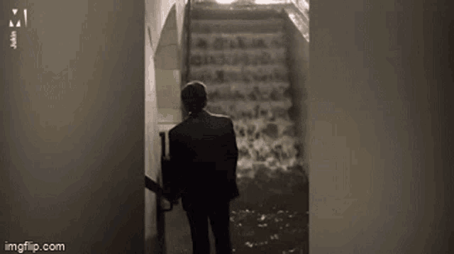 a man is walking down a set of stairs in a flooded building .