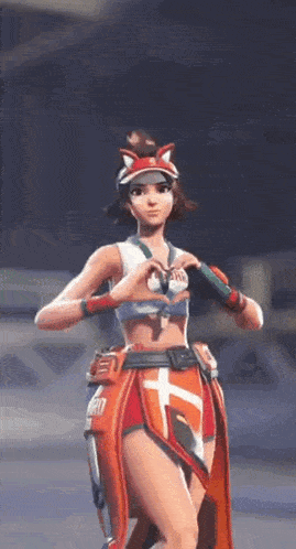 a cartoon girl is making a heart shape with her hands .