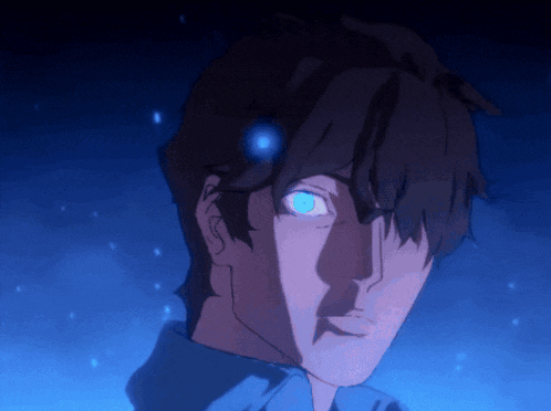a close up of a man 's face with glowing blue eyes