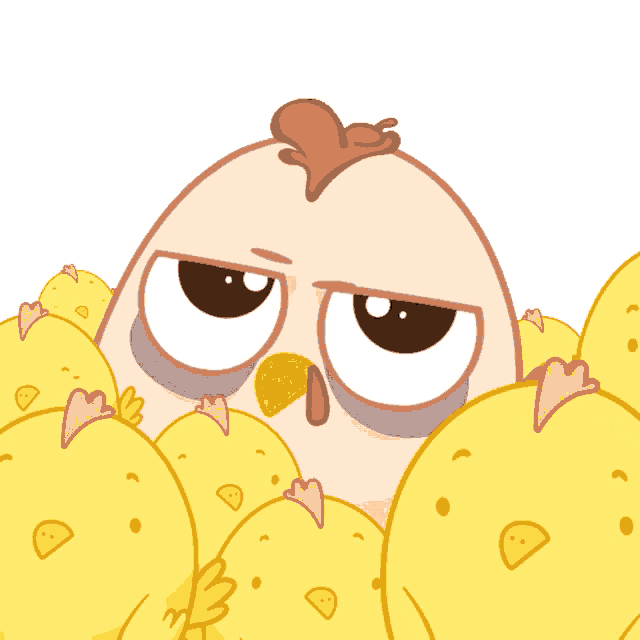 a cartoon of a chicken surrounded by chickens