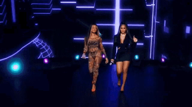 two women are standing next to each other on a stage holding hands .