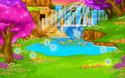 a pixel art illustration of a waterfall with a rainbow