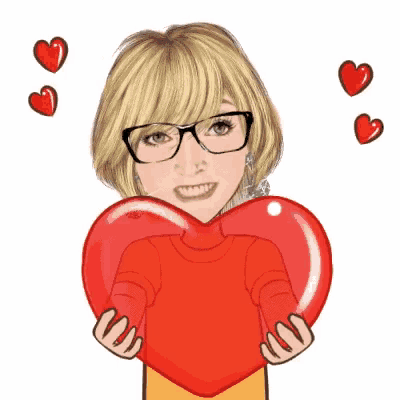 a cartoon of a woman holding a large red heart in her hands surrounded by hearts .