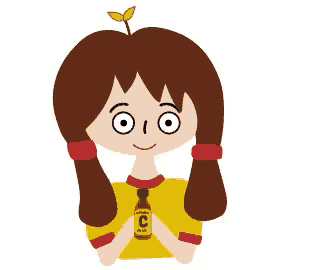 a cartoon girl is holding a bottle of vitamin c