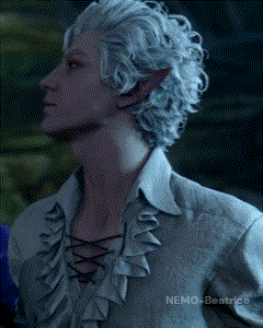 a man with white hair and elf ears is wearing a white shirt with ruffles