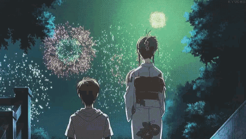 a boy and a girl are watching fireworks in the night sky