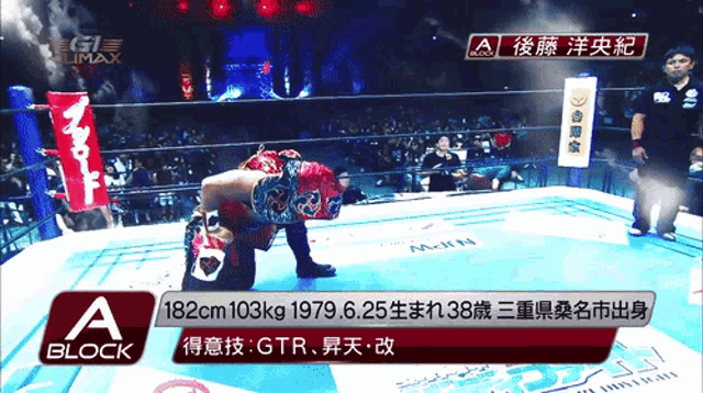 a wrestling ring with a sign that says block