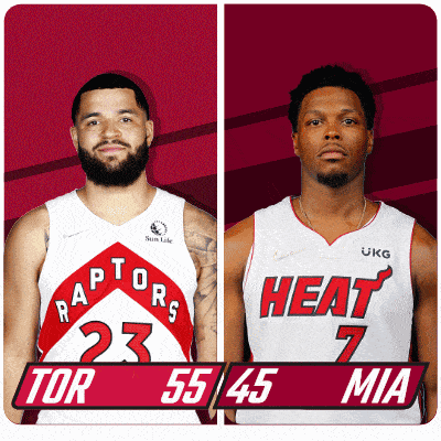 two basketball players one from the raptors and the other from the heat are standing next to each other