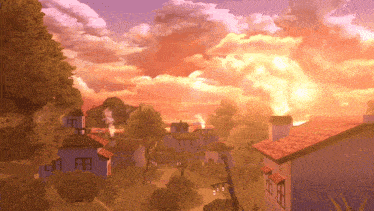 a sunset over a small town with a few buildings and trees