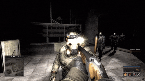 a man in a gas mask is holding a shotgun in a game