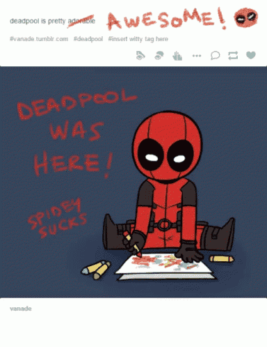 a cartoon of deadpool sitting at a table with the words awesome written on it