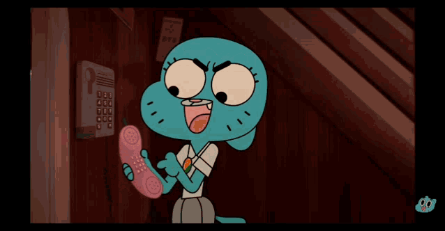 a cartoon character talking on a pink telephone