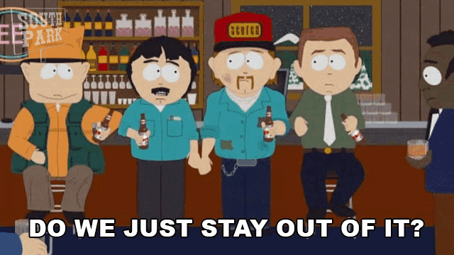 a group of south park characters standing in front of a bar