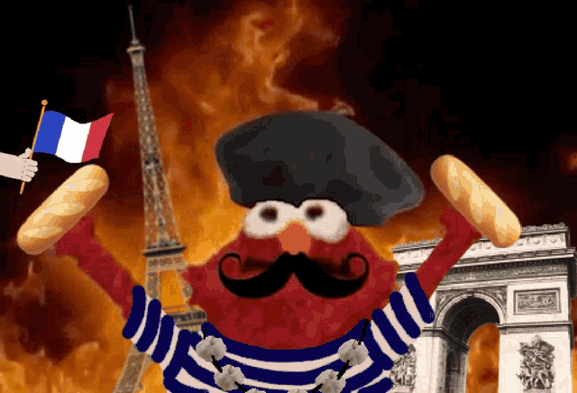 elmo is wearing a beret and holding french bread in front of the eiffel tower