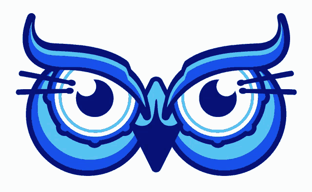 a blue owl with big eyes and a black beak on a white background