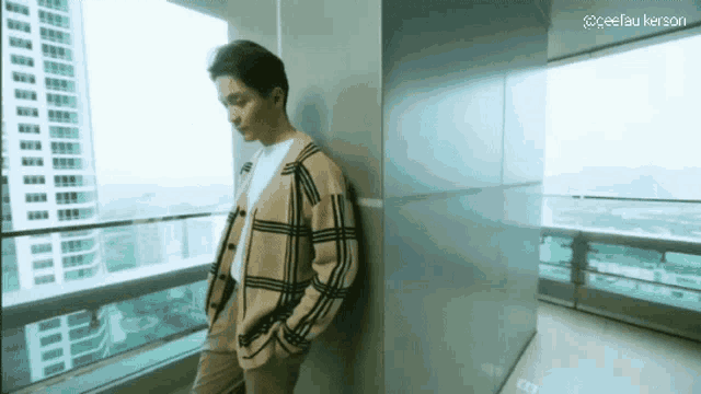 a man in a plaid sweater is leaning against a wall looking out a window .