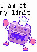 a pixel art of a purple oven with a chef 's hat on it and the words " i am at my limit " below it