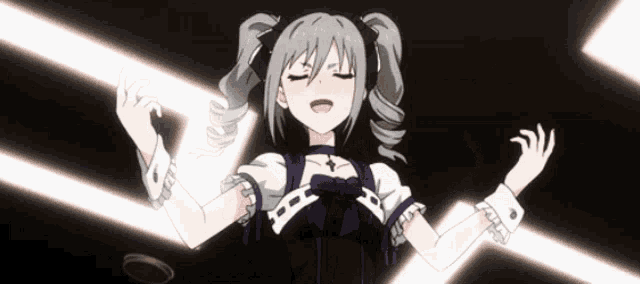 a girl with pigtails is wearing a black and white dress