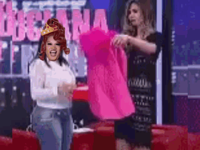 a woman with a crown on her head is holding a pink dress in front of a sign that says reina