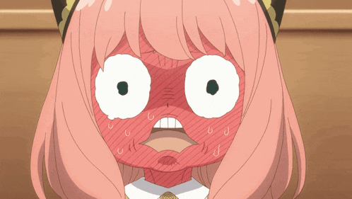 a cartoon girl with pink hair and white eyes has a surprised look on her face