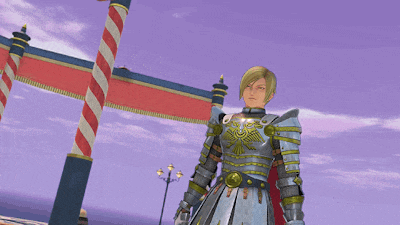 a man in armor is standing in front of a purple sign