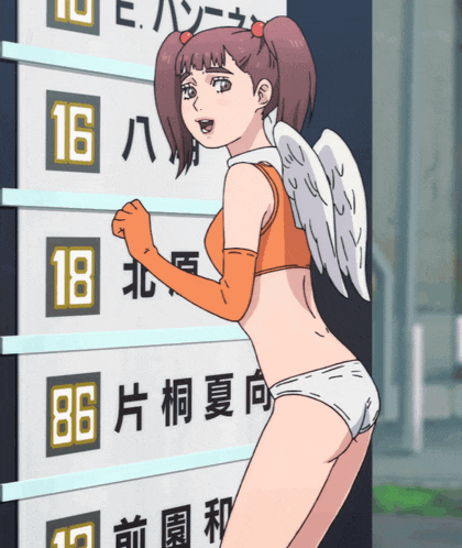 a girl with angel wings is standing in front of a sign that says 16 and 18