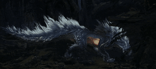 a painting of a monster with glowing feathers laying on the ground
