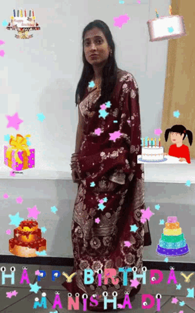 a woman in a red saree is surrounded by birthday cakes and gifts