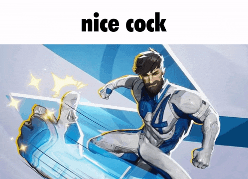 a man in a superhero costume with the words nice cock above him