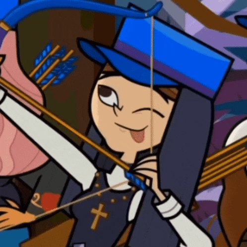 a cartoon character holding a bow and arrow with a cross on it