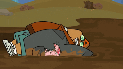 a cartoon of a man laying in the mud with a cat