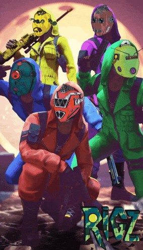 a group of people wearing masks and holding guns are standing next to each other with the word rizz on the bottom