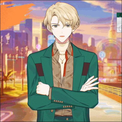 a man in a green suit stands with his arms crossed in front of a city skyline