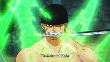 a man with a sword in his mouth and the words three sword style below him