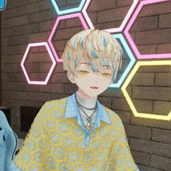 a cartoon character is standing in front of a brick wall with neon lights behind him