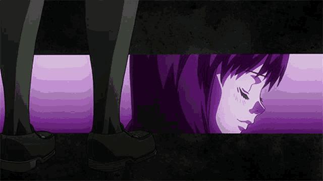 a purple background with a person 's feet and a girl 's face