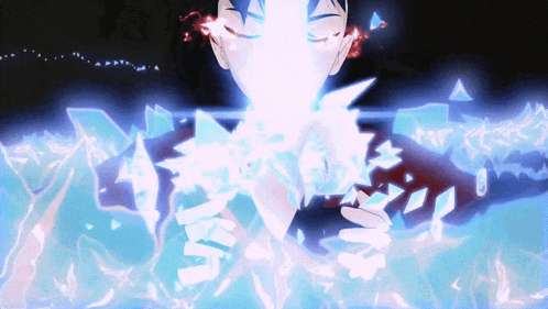 a cartoon character is surrounded by a glowing blue and white background