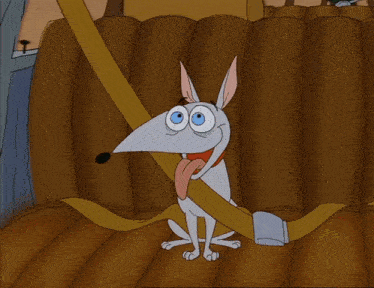 a cartoon man is driving a car with his eyes closed and his seat belt on