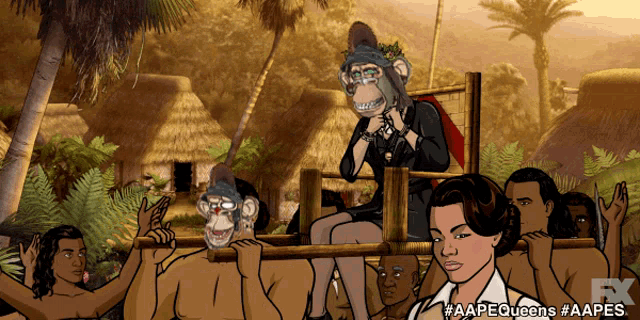 a cartoon of a woman sitting in a chair with a monkey mask on her head