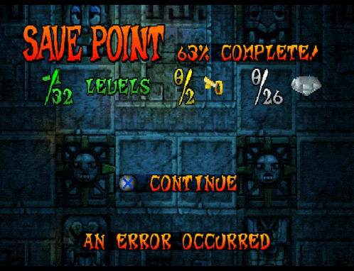 a video game screen shows a save point of 63 % complete and an error occurred