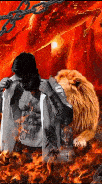 a man with a tattoo on his chest is standing next to a lion in a fire scene