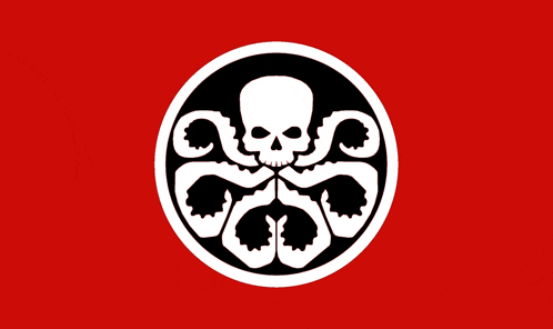a black and white circle with a skull in the center on a red background