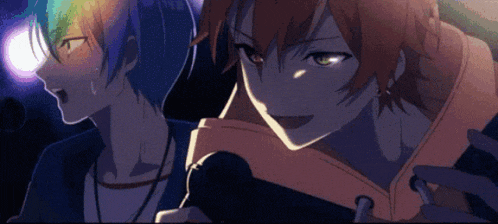 two anime characters are standing next to each other in a dark room .