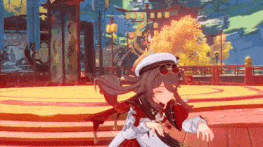 a girl wearing a hat and sunglasses is dancing in a video game