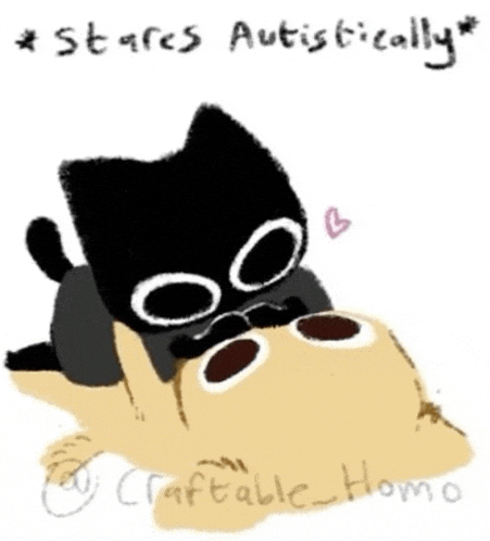 a drawing of a cat with glasses and the words " stares autistically " below it