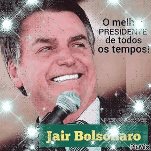 a man is smiling while speaking into a microphone with a quote from jair bolsonaro