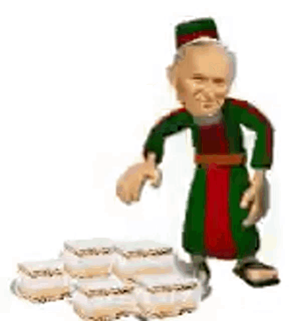 a cartoon of a man in a green and red robe standing next to a pile of eggs .
