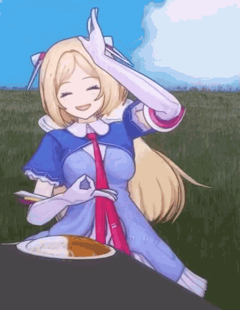 a girl in a blue dress and tie is sitting at a table with a plate of curry .