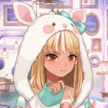 a blonde anime girl wearing a white bunny hat with ears and a bow