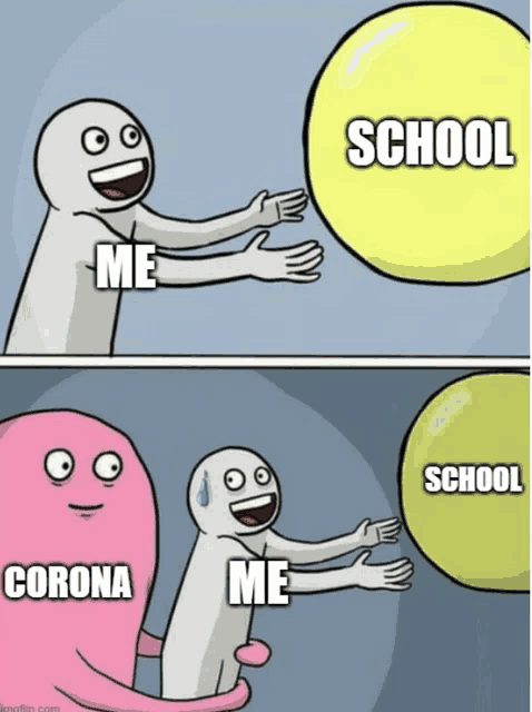 a cartoon of a person reaching for a bubble that says school and corona